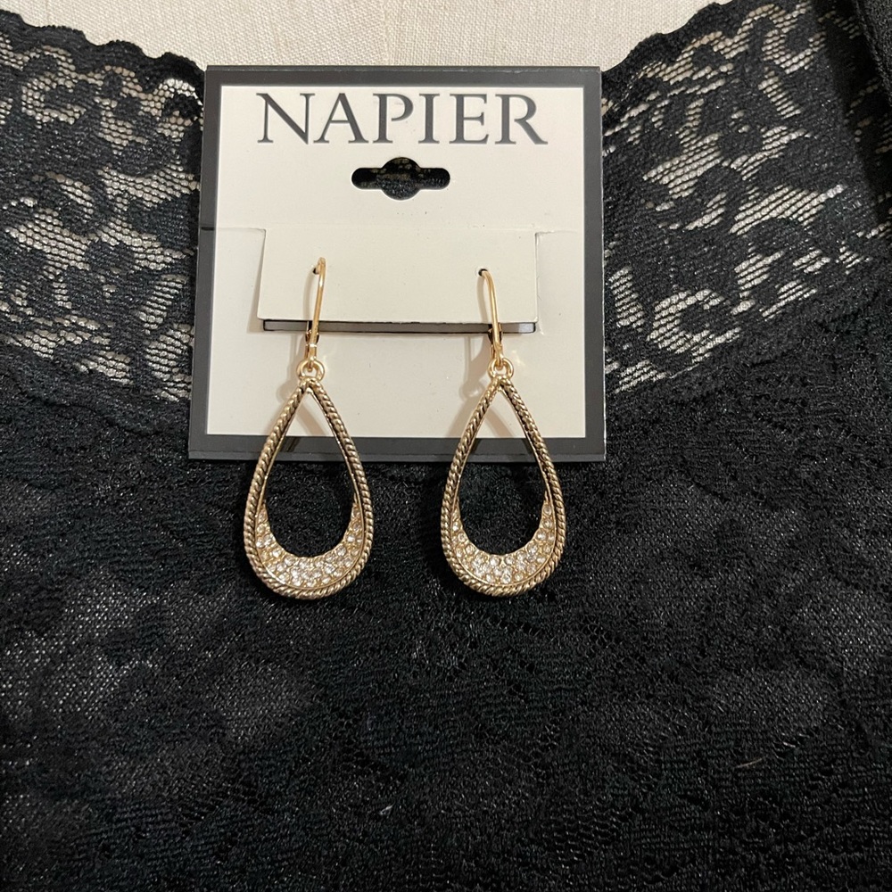 Napier Gold Tone Open Teardrop Crystal Drop Dangle Earrings